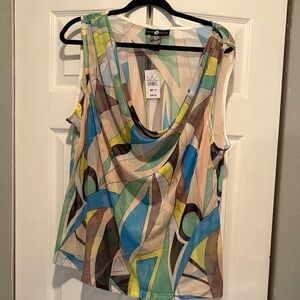 Multicolor Abstract Print Tank Top Sheer Cowl Tank